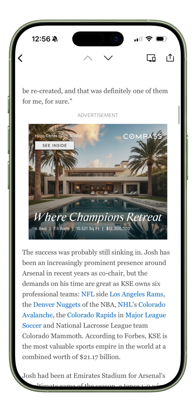 Ad placement mockup showing a Compass listing ad on ESPN